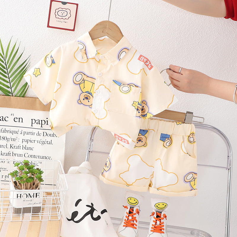 [345403] - Baju Setelan Kemeja Atasan Lengan Pendek Celana Pendek Anak Cowok Fashion - Motif Bear