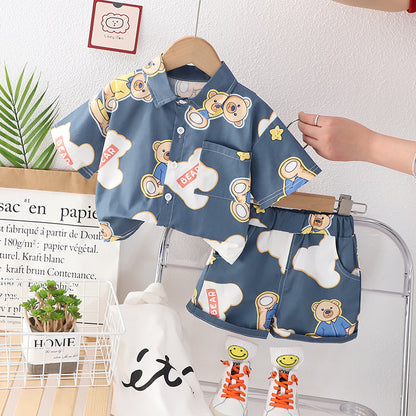 [345403] - Baju Setelan Kemeja Atasan Lengan Pendek Celana Pendek Anak Cowok Fashion - Motif Bear