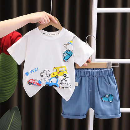 [345410] - Baju Setelan Kaos Lengan Pendek Celana Pendek Jeans Anak Fashion- Motif Tow Car