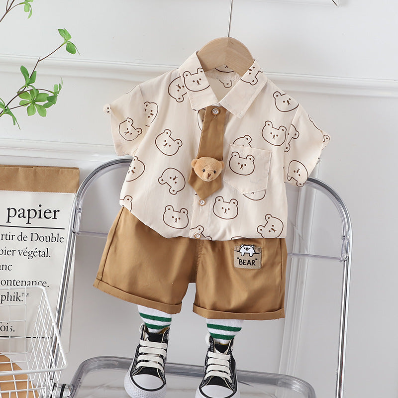 [345414] - Baju Setelan Kemeja Lengan Pendek Celana Pendek Anak Cowok Fashion - Motif Bear Face