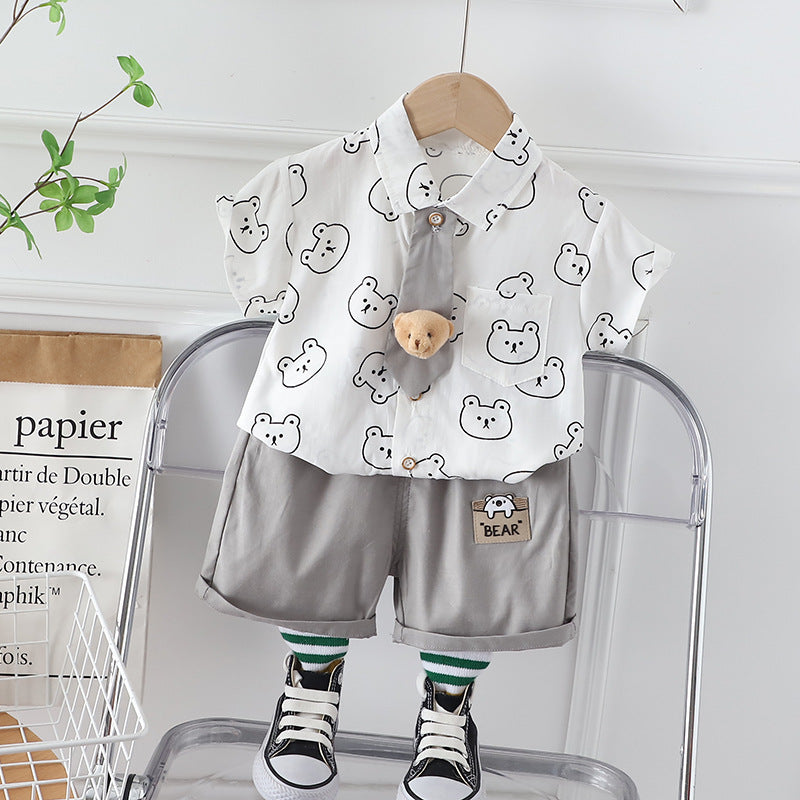 [345414] - Baju Setelan Kemeja Lengan Pendek Celana Pendek Anak Cowok Fashion - Motif Bear Face