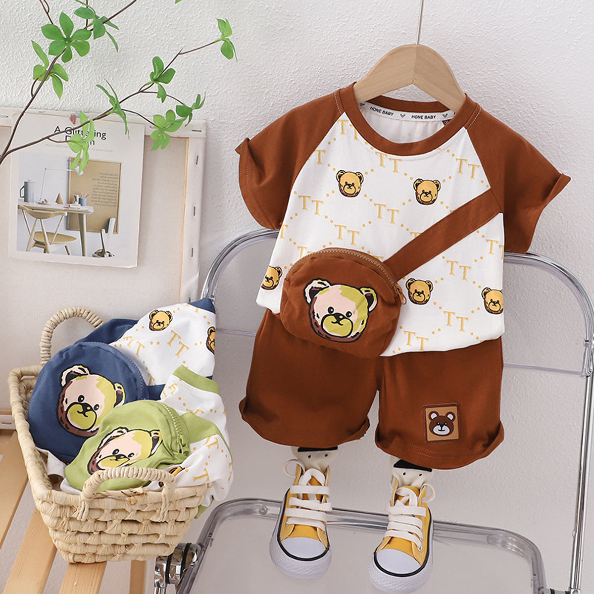 [345415] - Baju Setelan Kaos Lengan Pendek Celana Pendek Anak Cowok Fashion  - Motif Pocket Bear