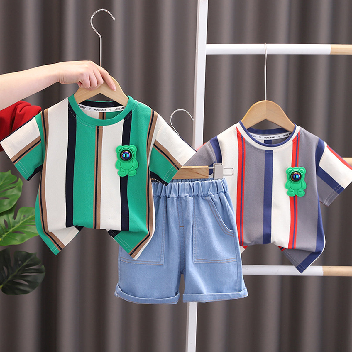 [345419] - Baju Setelan Kaos Lengan Pendek Celana Pendek Jeans Anak Cowok Fashion - Motif Face Bear