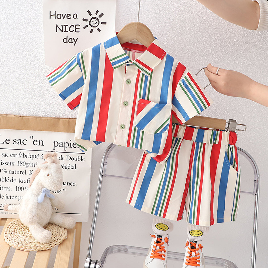 [345420] - Baju Setelan Kemeja Lengan Pendek Celana Pendek Anak Cowok Fashion - Motif Side Stripped