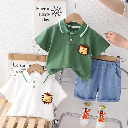 [345421] - Setelan Baju Polo Lengan Pendek Celana Pendek Jeans Anak Cowok Fashion - Motif Lion Face