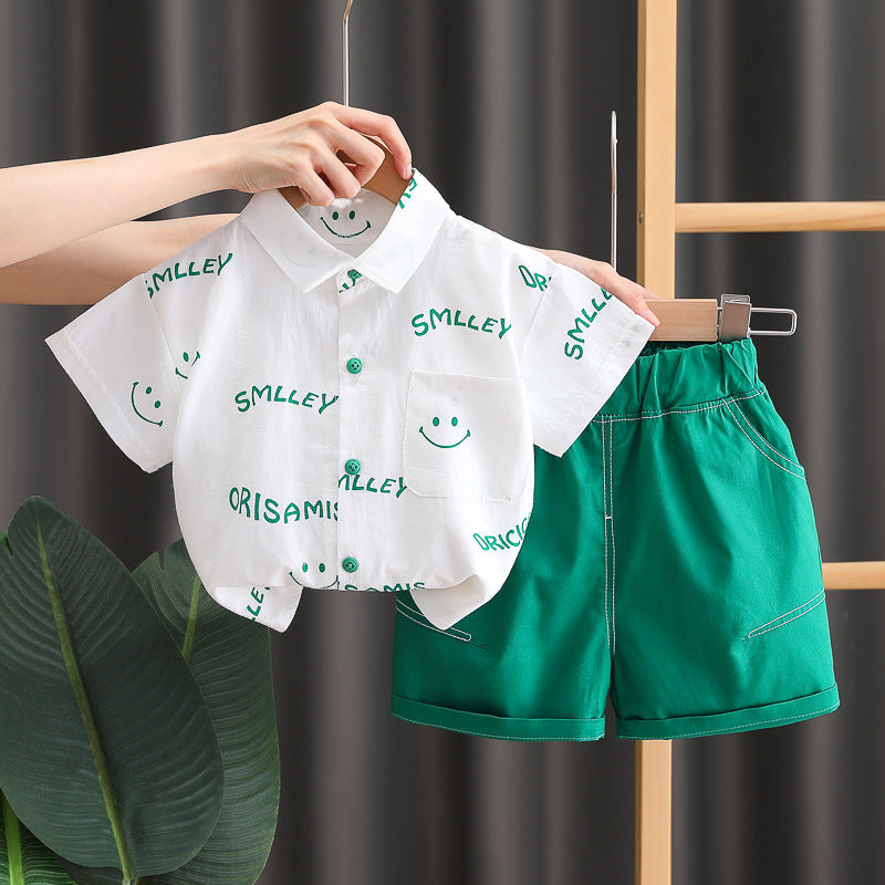 [345425] - Baju Setelan Kemeja Lengan Pendek Celana Pendek Anak Laki-Laki Fashion - Motif Smile Face