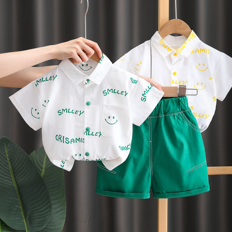 [345425] - Baju Setelan Kemeja Lengan Pendek Celana Pendek Anak Laki-Laki Fashion - Motif Smile Face