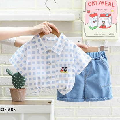 [345426] - Setelan Baju Kemeja Lengan Pendek Celana Pendek Jeans Anak Cowok - Motif Little Truck