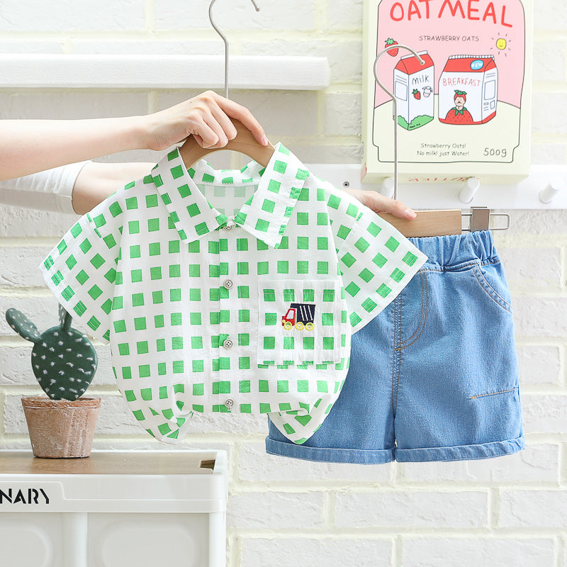 [345426] - Setelan Baju Kemeja Lengan Pendek Celana Pendek Jeans Anak Cowok - Motif Little Truck