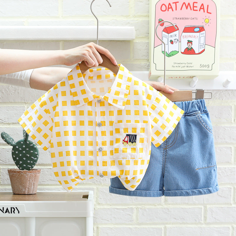 [345426] - Setelan Baju Kemeja Lengan Pendek Celana Pendek Jeans Anak Cowok - Motif Little Truck