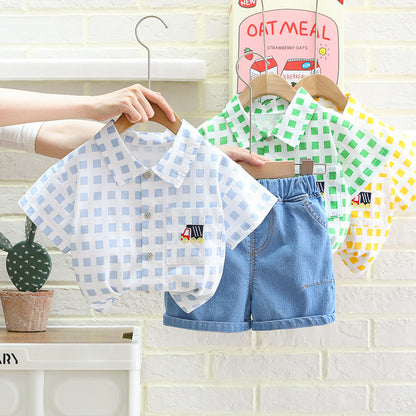 [345426] - Setelan Baju Kemeja Lengan Pendek Celana Pendek Jeans Anak Cowok - Motif Little Truck