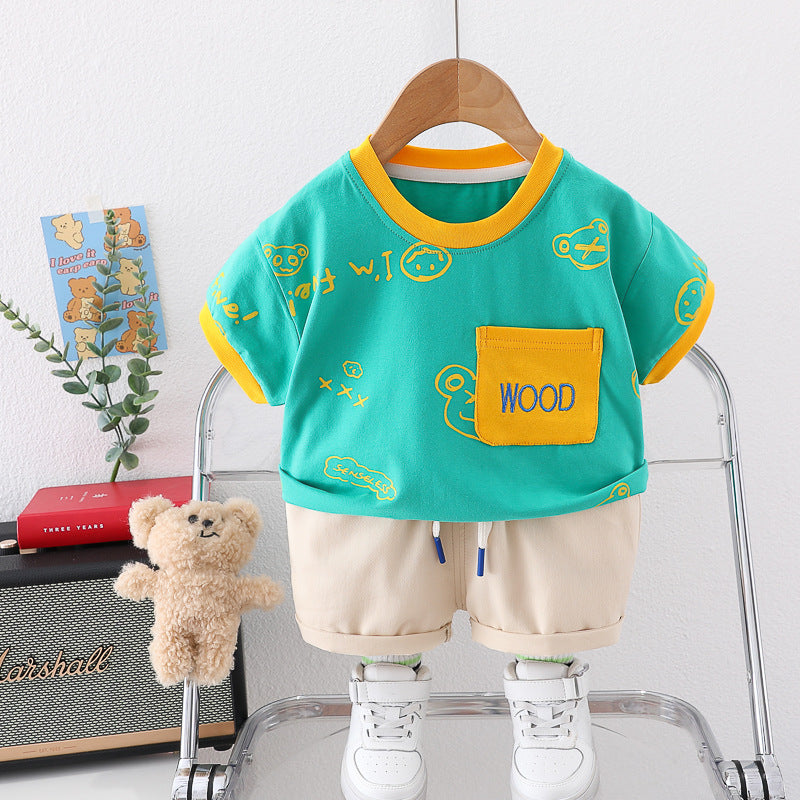 [345427] - Baju Setelan Kaos Lengan Pendek Celana Pendek Anak Cowok Fashion - Motif Wood Bear