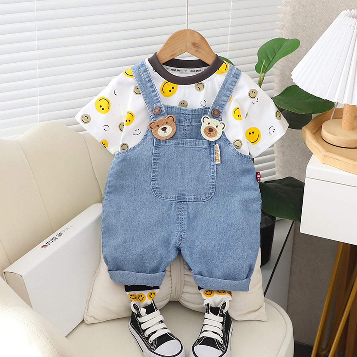 [345430] - Baju Setelan Kaos Pendek Bawahan Overall Anak Cowok Fashion - Motif Smile Bear