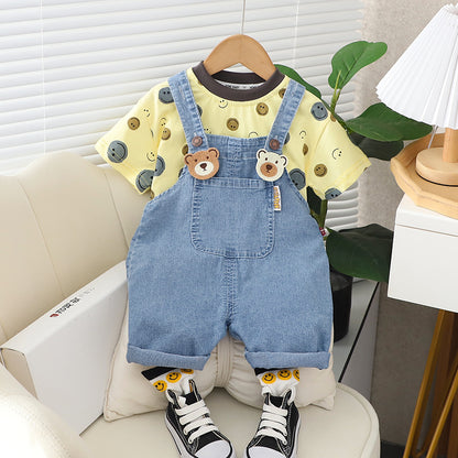 [345430] - Baju Setelan Kaos Pendek Bawahan Overall Anak Cowok Fashion Import - Motif Smile Bear