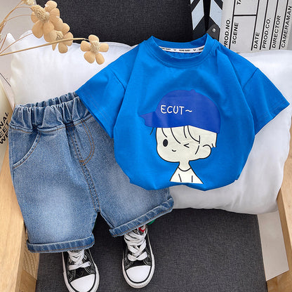 [345431] - Baju Setelan Kaos Lengan Pendek Celana Pendek Jeans Anak Cowok Fashion - Motif Cute Wink