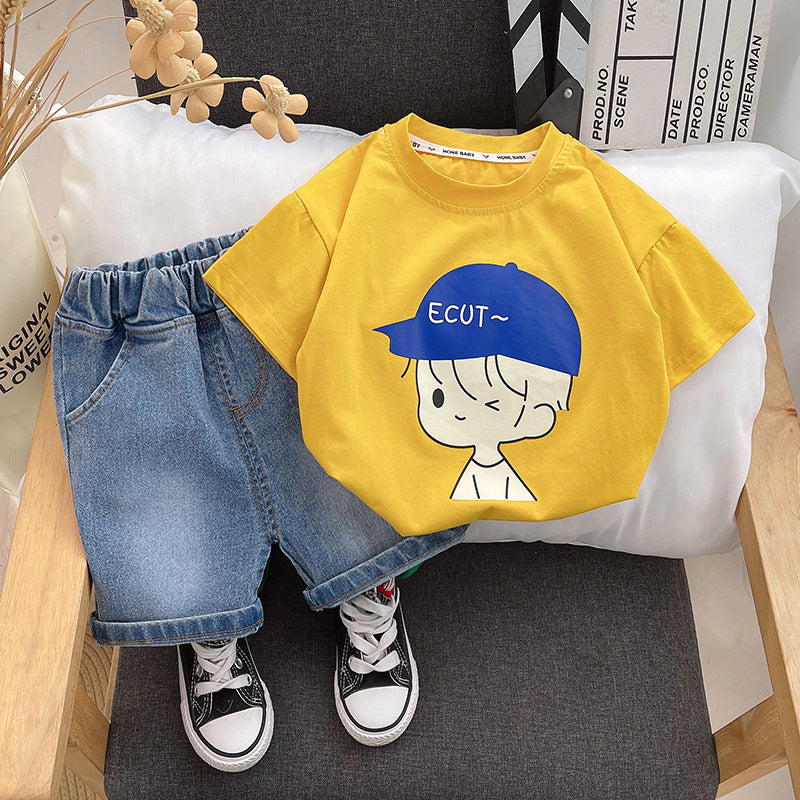 [345431] - Baju Setelan Kaos Lengan Pendek Celana Pendek Jeans Anak Cowok Fashion - Motif Cute Wink