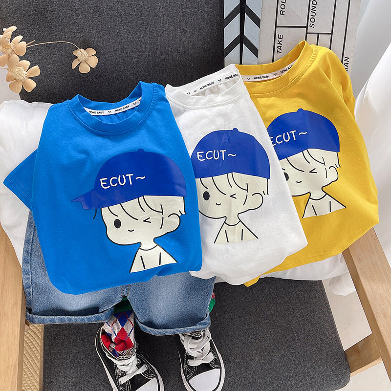 [345431] - Baju Setelan Kaos Lengan Pendek Celana Pendek Jeans Anak Cowok Fashion - Motif Cute Wink