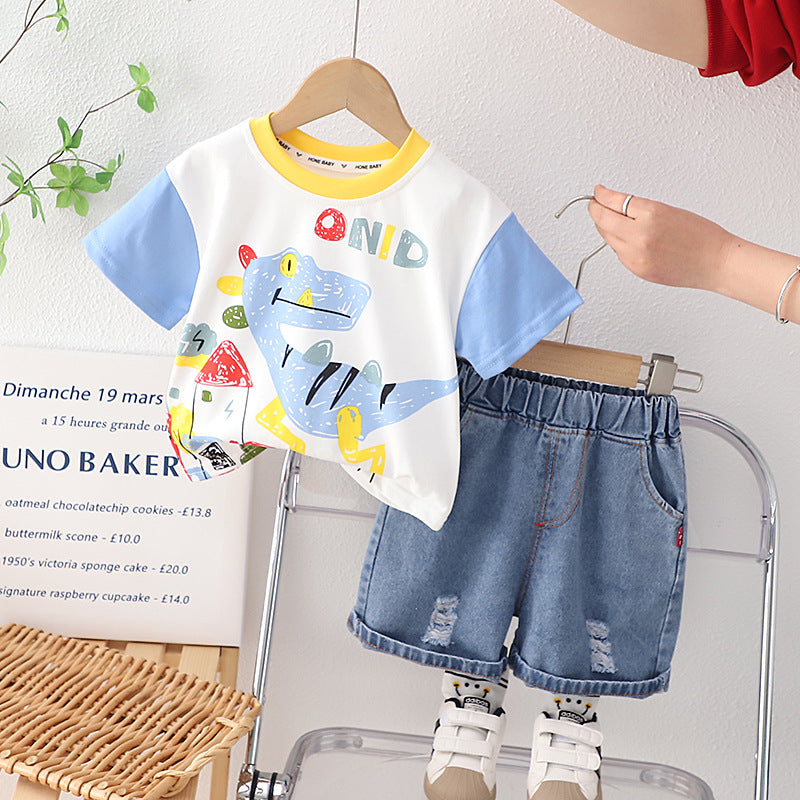 [345433] - Baju Setelan Kaos Lengan Pendek Celana Pendek Jeans Anak Cowok Fashion - Motif On Dino