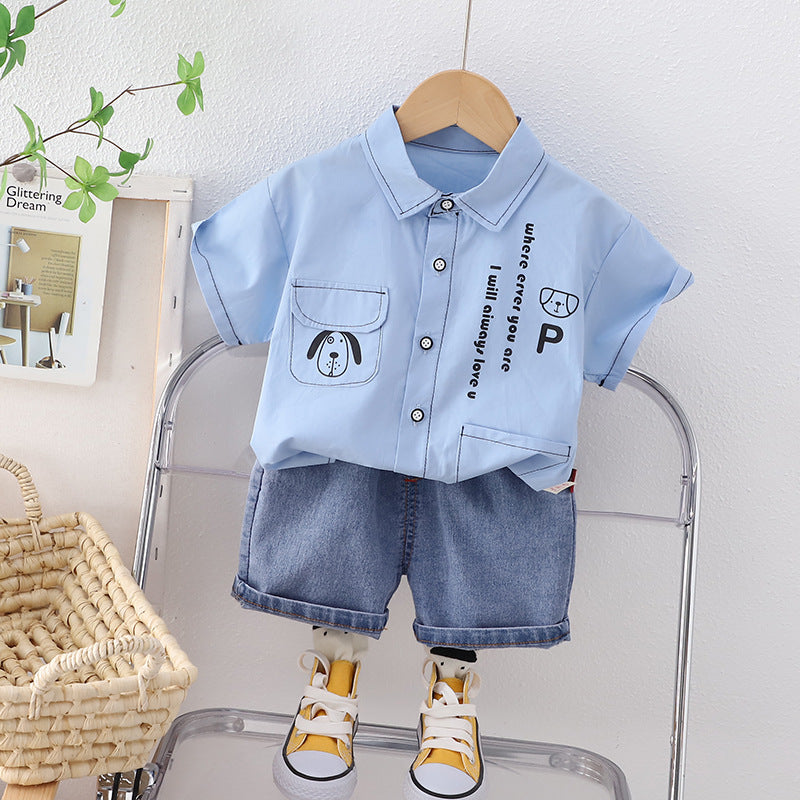 [345434] - Baju Setelan Kemeja Lengan Pendek Celana Pendek Jeans Anak Cowok Fashion - Motif Dog Love