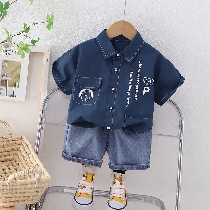 [345434] - Baju Setelan Kemeja Lengan Pendek Celana Pendek Jeans Anak Cowok Fashion - Motif Dog Love