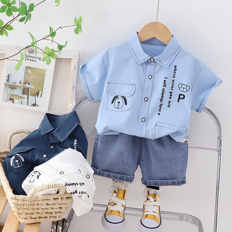 [345434] - Baju Setelan Kemeja Lengan Pendek Celana Pendek Jeans Anak Cowok Fashion - Motif Dog Love