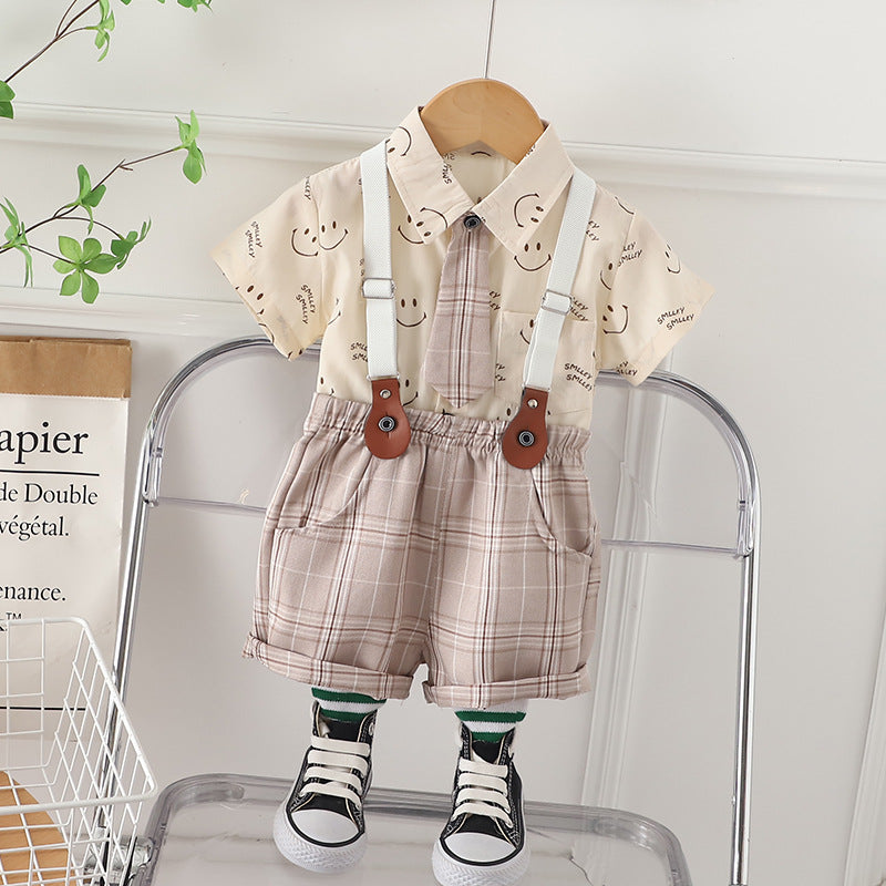 [345436] - Baju Setelan Kemeja Lengan Pendek Celana Pendek Anak Cowok Fashion - Motif Smile Plaid
