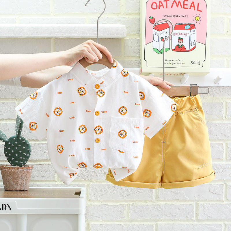 [345437] - Baju Setelan Kemeja Lengan Pendek Celana Pendek Anak Cowok Fashion - Motif Lion Face