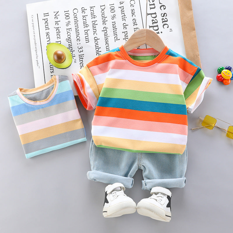 [345442] - Baju Setelan Kaos Lengan Pendek Celana Pendek Anak Cowok Fashion - Motif Colorful Strip