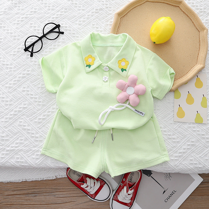 [345445] - Setelan Baju Kerah Lengan Pendek Celana Pendek Anak Perempuan Fashion - Motif Flower Tie