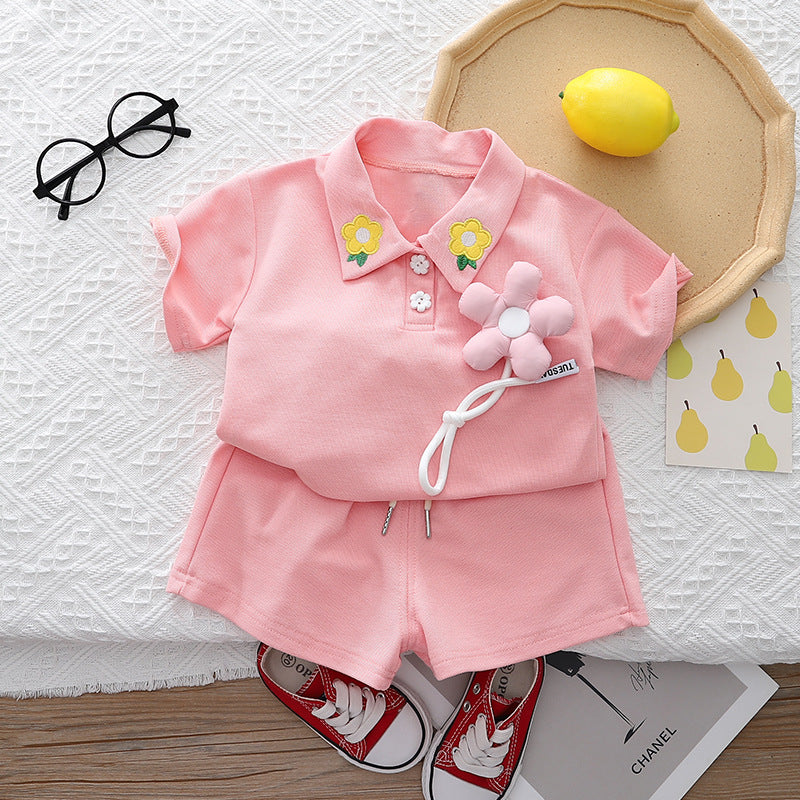 [345445] - Setelan Baju Kerah Lengan Pendek Celana Pendek Anak Perempuan Fashion - Motif Flower Tie
