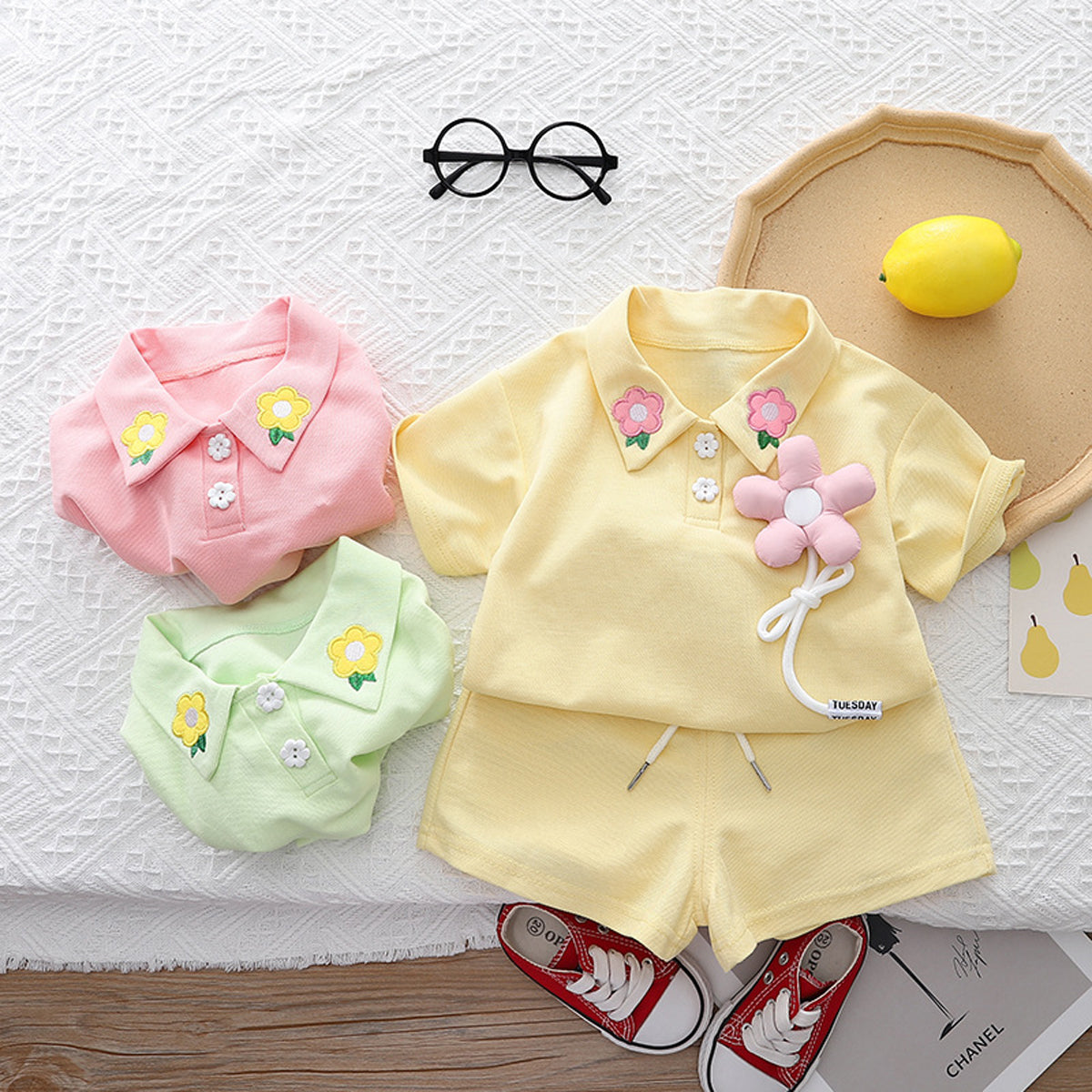 [345445] - Setelan Baju Kerah Lengan Pendek Celana Pendek Anak Perempuan Fashion - Motif Flower Tie