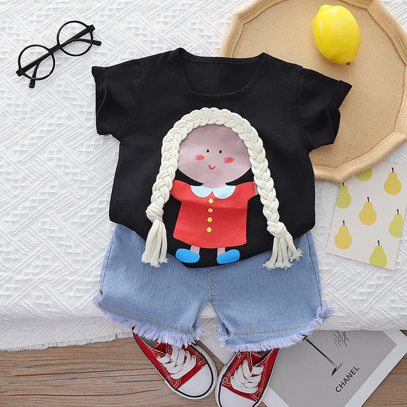 [345447] - Baju Setelan Kaos Celana Pendek Jeans Anak Perempuan Fashion - Motif Girl Hair