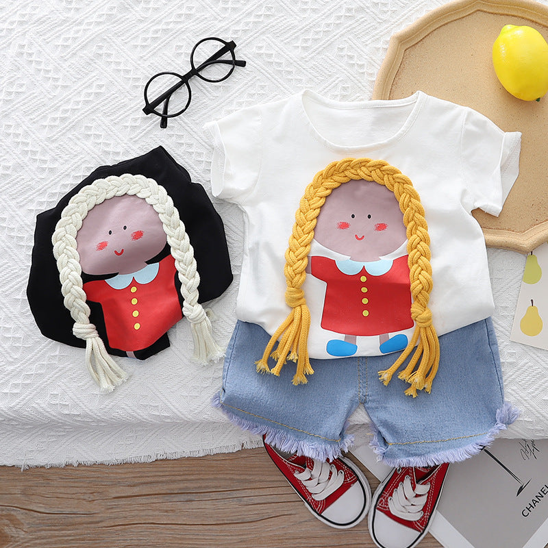 [345447] - Baju Setelan Kaos Celana Pendek Jeans Anak Perempuan Fashion - Motif Girl Hair