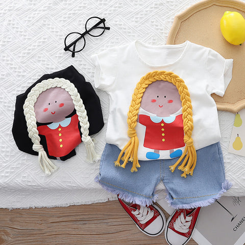 [345447] - Baju Setelan Kaos Celana Pendek Jeans Anak Perempuan Fashion - Motif Girl Hair