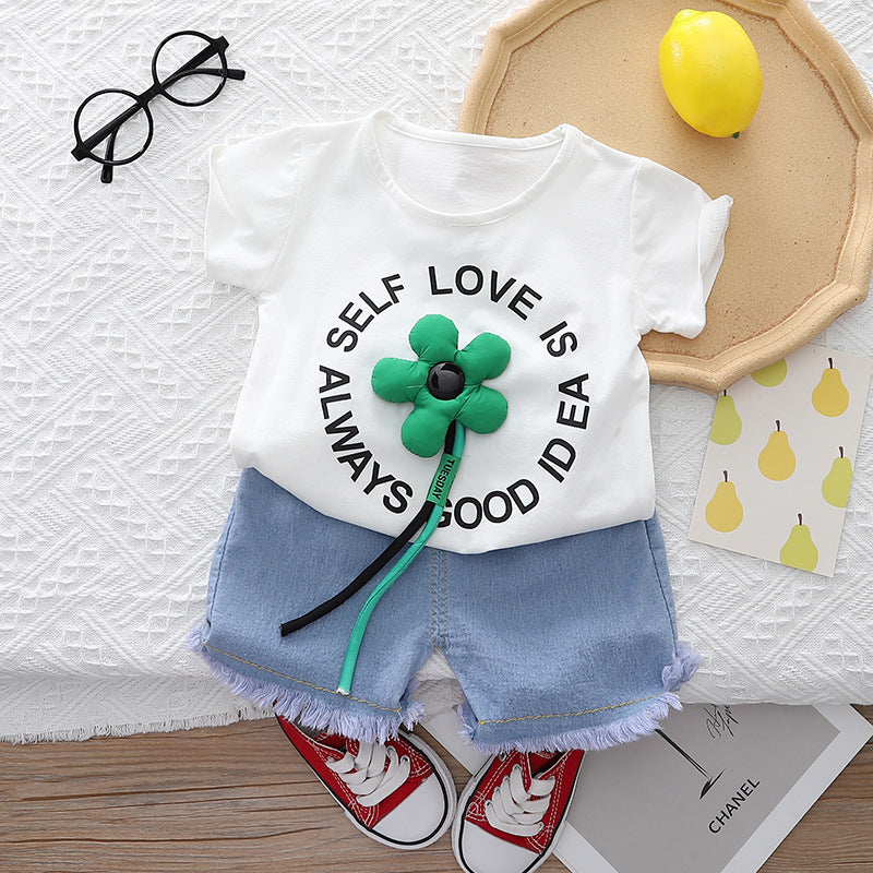 [345448] - Setelan Baju Kaos Celana Pendek Jeans Anak Perempuan Fashion - Motif Self Love