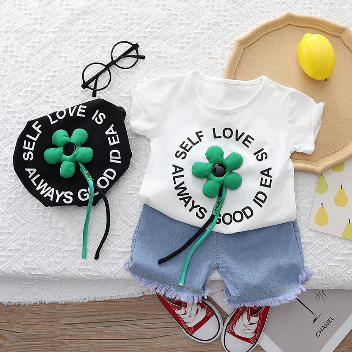 [345448] - Setelan Baju Kaos Celana Pendek Jeans Anak Perempuan Fashion - Motif Self Love