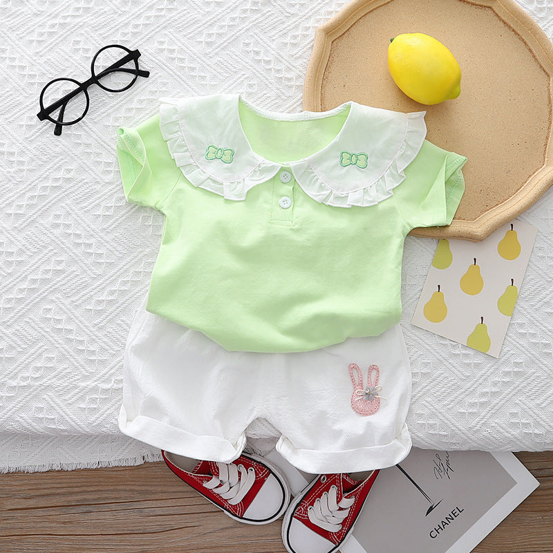 [345449] - Setelan Baju Kaos Kerah Celana Pendek Anak Perempuan Fashion - Motif Cute Rabbit