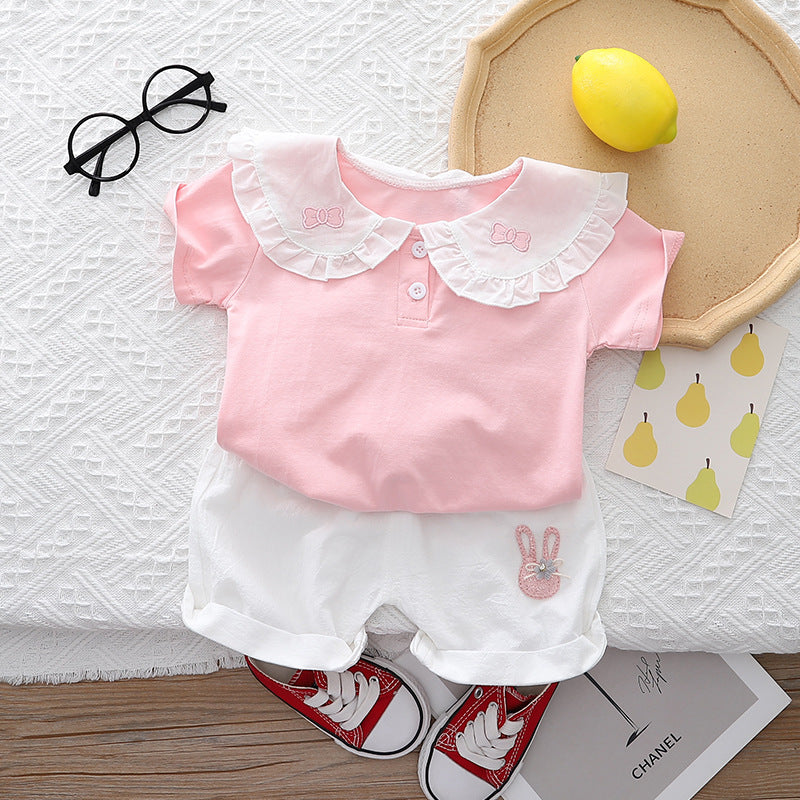 [345449] - Setelan Baju Kaos Kerah Celana Pendek Anak Perempuan Fashion - Motif Cute Rabbit