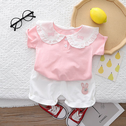 [345449] - Setelan Baju Kaos Kerah Celana Pendek Anak Perempuan Fashion - Motif Cute Rabbit