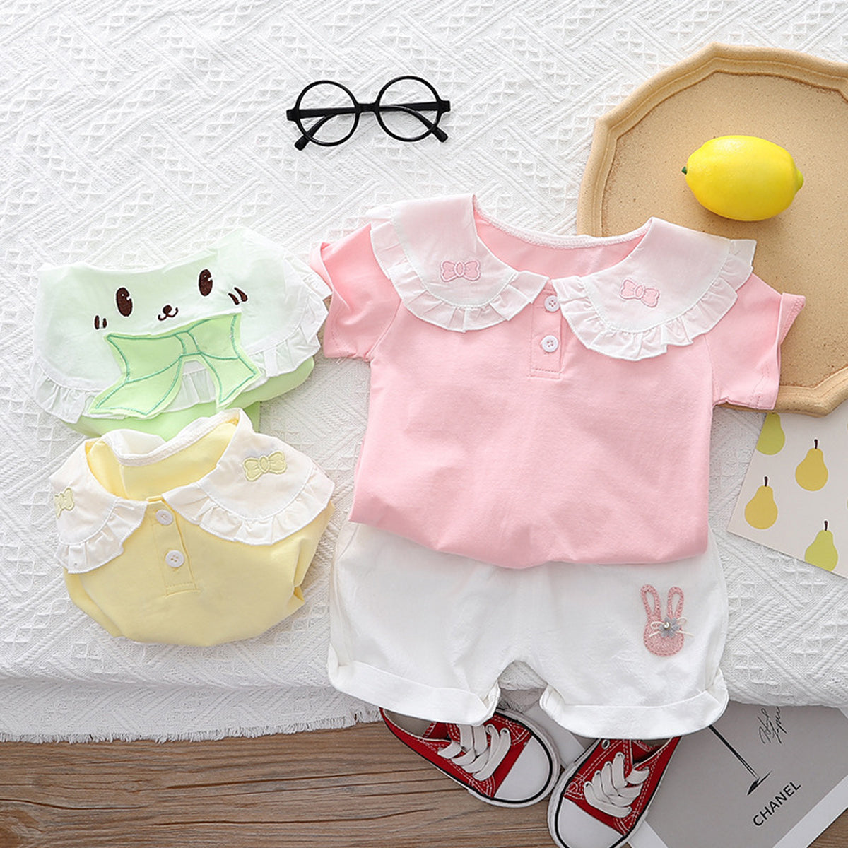 [345449] - Setelan Baju Kaos Kerah Celana Pendek Anak Perempuan Fashion - Motif Cute Rabbit