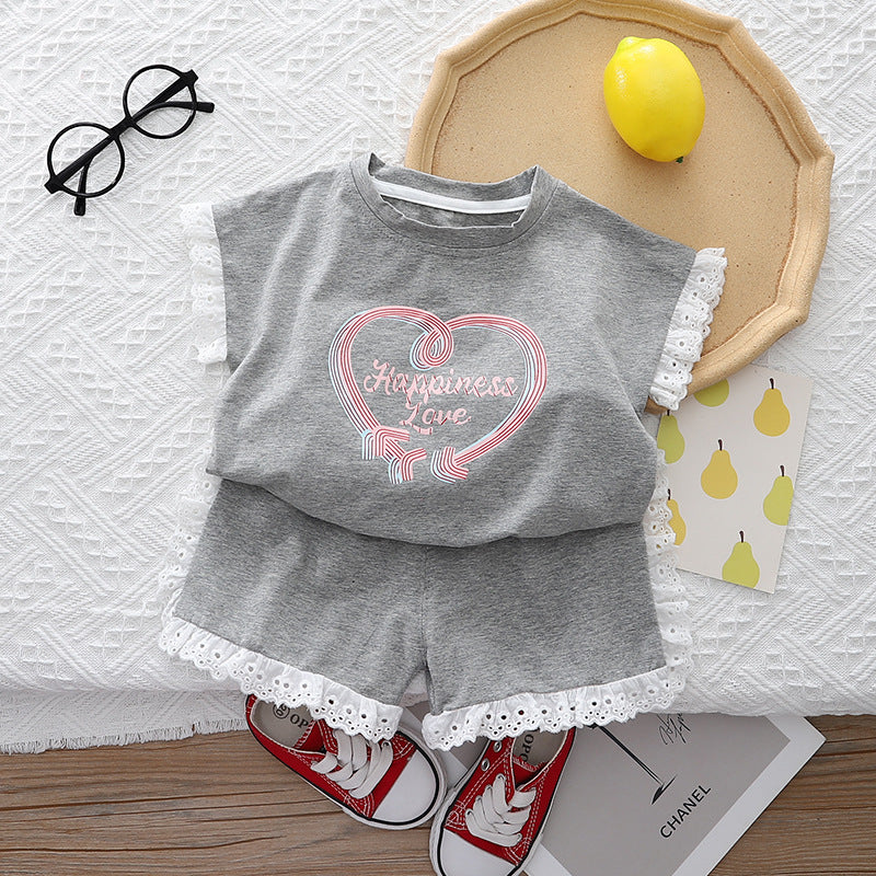 [345450] - Setelan Baju Kutung Celana Pendek Anak Perempuan Fashion - Motif Happiness Love