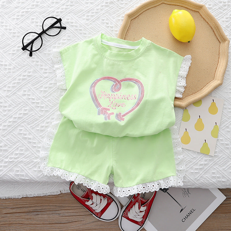 [345450] - Setelan Baju Kutung Celana Pendek Anak Perempuan Fashion - Motif Happiness Love
