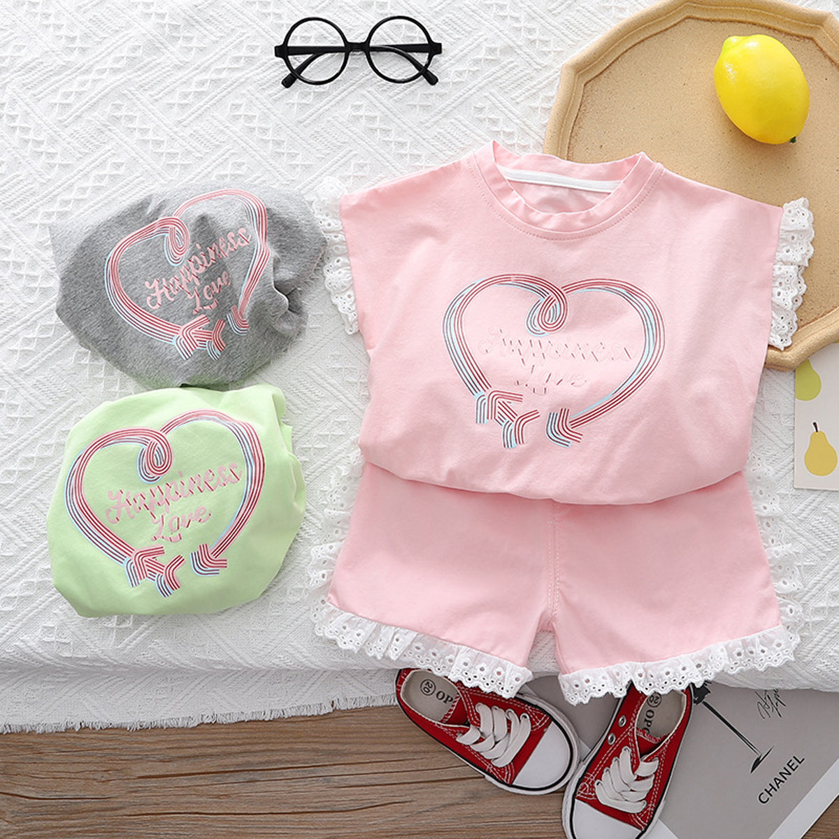 [345450] - Setelan Baju Kutung Celana Pendek Anak Perempuan Fashion Import - Motif Happiness Love