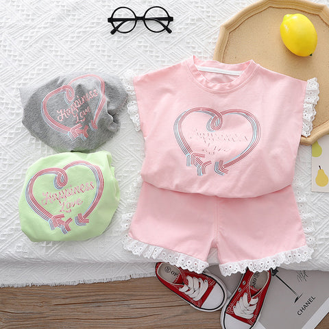 [345450] - Setelan Baju Kutung Celana Pendek Anak Perempuan Fashion - Motif Happiness Love