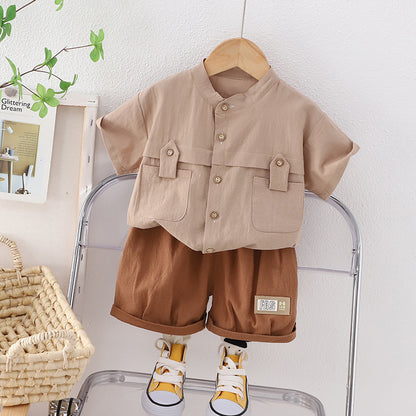 [345455] - Baju Setelan Kemeja Lengan Pendek Celana Pendek Anak Laki-Laki Fashion - Motif Plain Neat