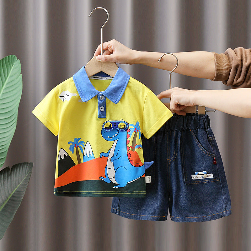 [345456] - Baju Setelan Polo Lengan Pendek Celana Pendek Anak Cowok Fashion - Motif Dino Relax