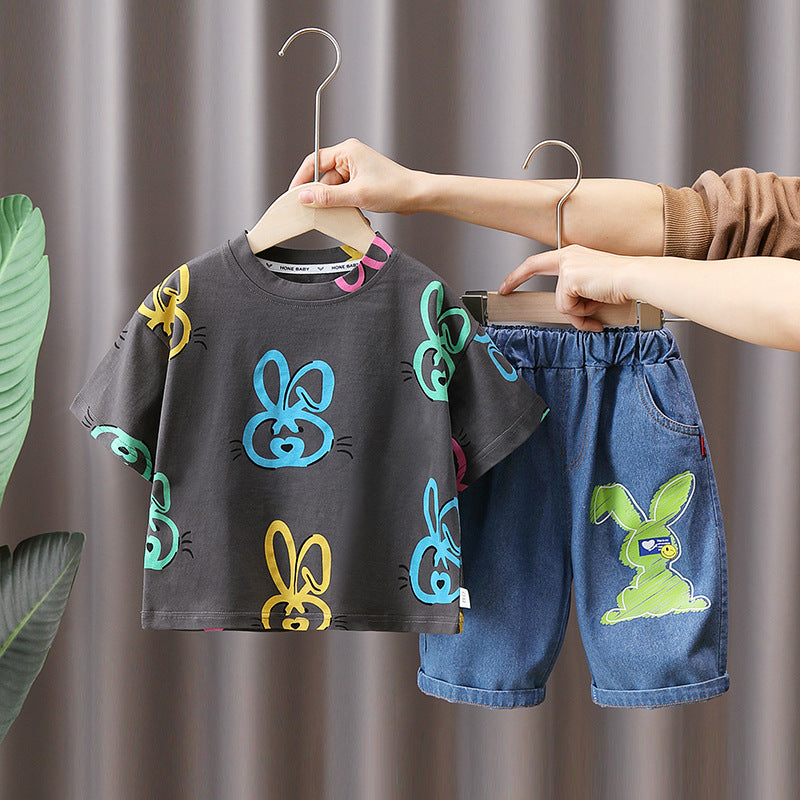 [345457] - Baju Setelan Kaos Lengan Pendek Celana Panjang Anak Cowok Fashion - Motif Colorful Rabbit