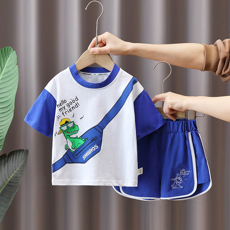 [345458] - Baju Setelan Kaos Lengan Pendek Celana Pendek Anak Cowok Fashion - Motif Pocket Dino