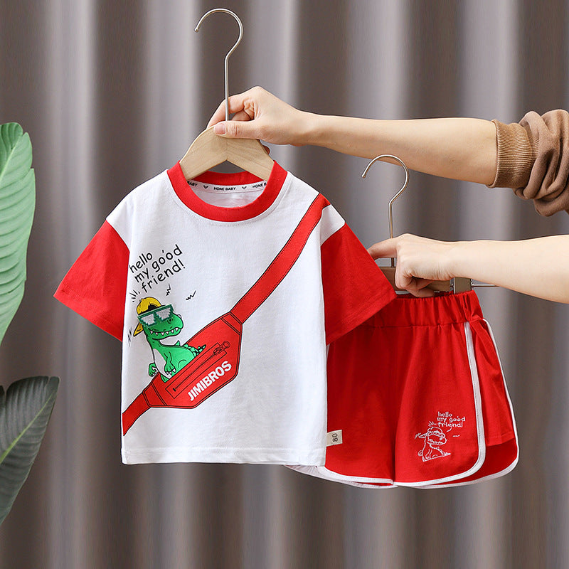 [345458] - Baju Setelan Kaos Lengan Pendek Celana Pendek Anak Cowok Fashion - Motif Pocket Dino