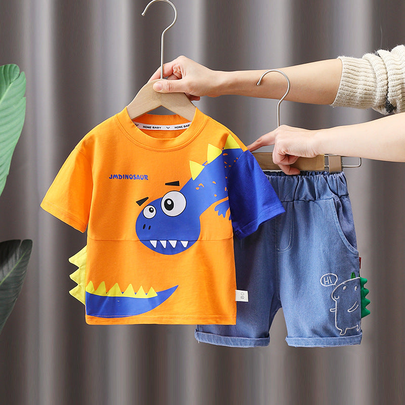 [345459] - Baju Setelan Kaos Lengan Pendek Celana Pendek Anak Cowok Fashion Import - Motif Dino Tail